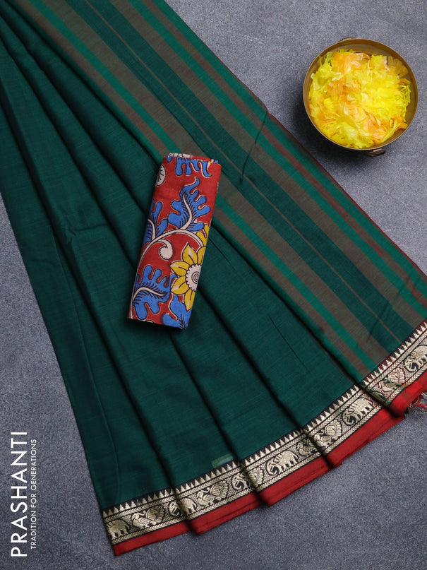 Narayanpet cotton saree bottle green and maroon with plain body and temple design thread woven border