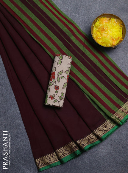 Narayanpet cotton saree wine shade and beige with plain body and temple design thread woven border