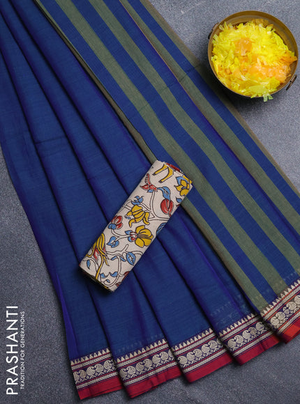 Narayanpet cotton saree dual shade of greenish blue and beige with plain body and temple design thread woven border