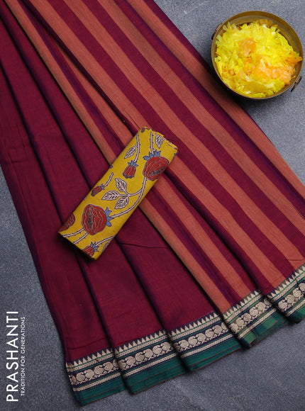 Narayanpet cotton saree magenta pink and mustard yellow with plain body and temple design thread woven border