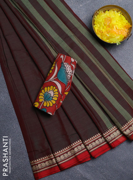 Narayanpet cotton saree dual shade of greenish maroon and maroon with plain body and temple design thread woven border