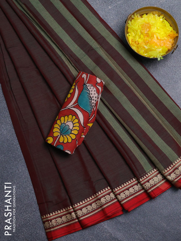 Narayanpet cotton saree dual shade of greenish maroon and maroon with plain body and temple design thread woven border
