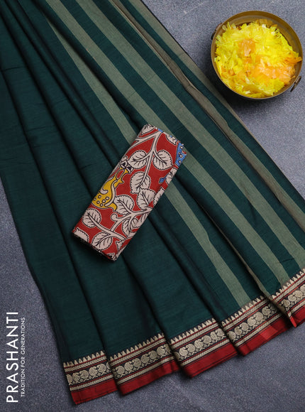 Narayanpet cotton saree bottle green and maroon with plain body and temple design thread woven border