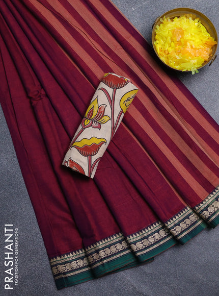 Narayanpet cotton saree magenta pink and beige with plain body and temple design thread woven border