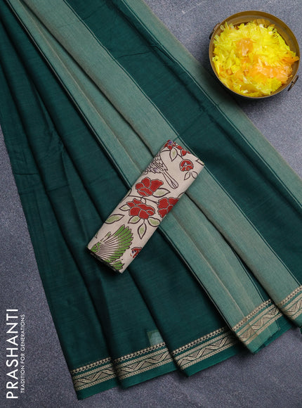 Narayanpet cotton saree green and beige with plain body and temple design thread woven border