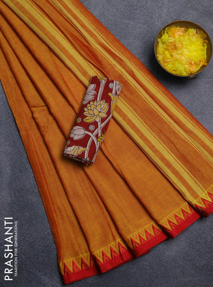 Narayanpet cotton saree mustard yellow and maroon with plain body and temple design thread woven border