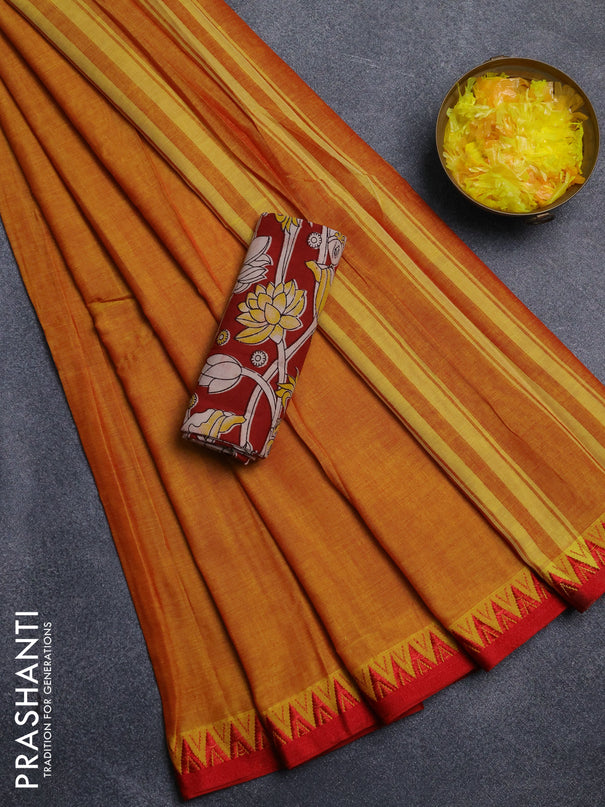 Narayanpet cotton saree mustard yellow and maroon with plain body and temple design thread woven border