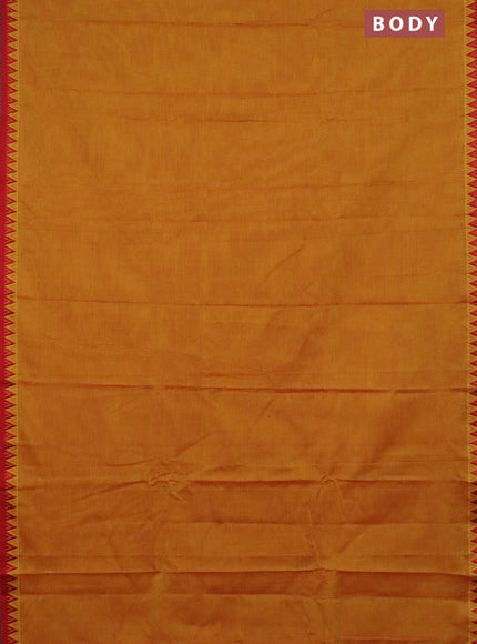Narayanpet cotton saree mustard yellow and maroon with plain body and temple design thread woven border