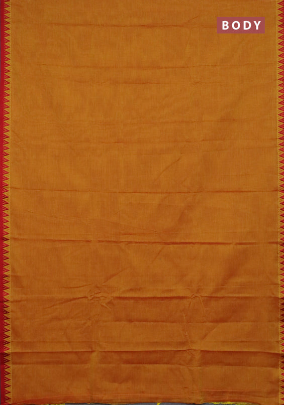 Narayanpet cotton saree mustard yellow and maroon with plain body and temple design thread woven border