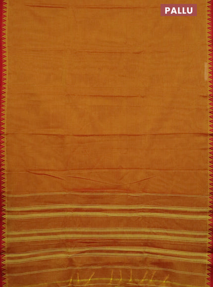Narayanpet cotton saree mustard yellow and maroon with plain body and temple design thread woven border