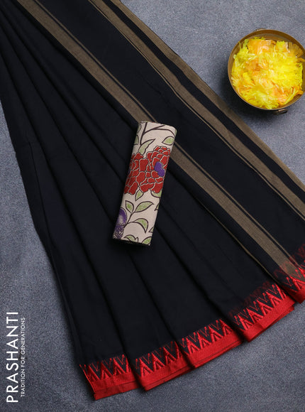 Narayanpet cotton saree black and beige with plain body and temple design thread woven border