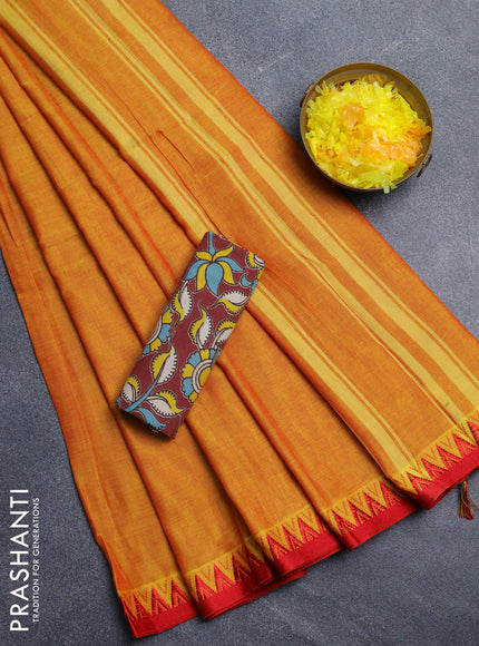 Narayanpet cotton saree mustard yellow and maroon with plain body and temple design thread woven border