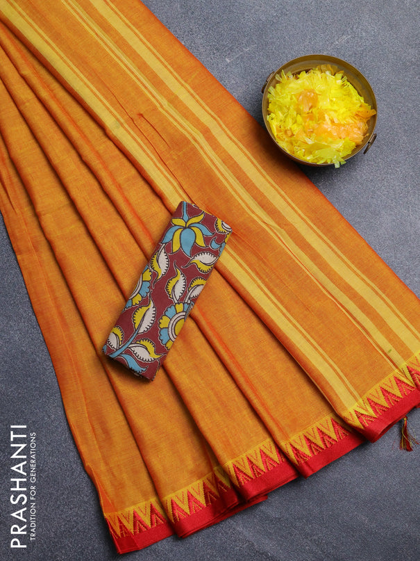 Narayanpet cotton saree mustard yellow and maroon with plain body and temple design thread woven border