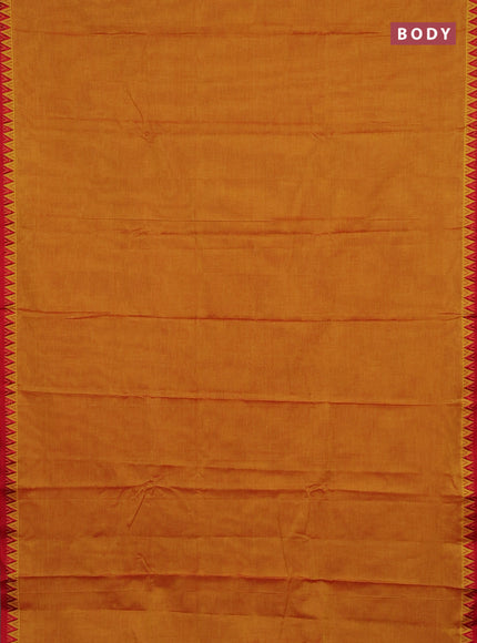 Narayanpet cotton saree mustard yellow and maroon with plain body and temple design thread woven border
