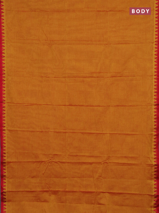 Narayanpet cotton saree mustard yellow and maroon with plain body and temple design thread woven border