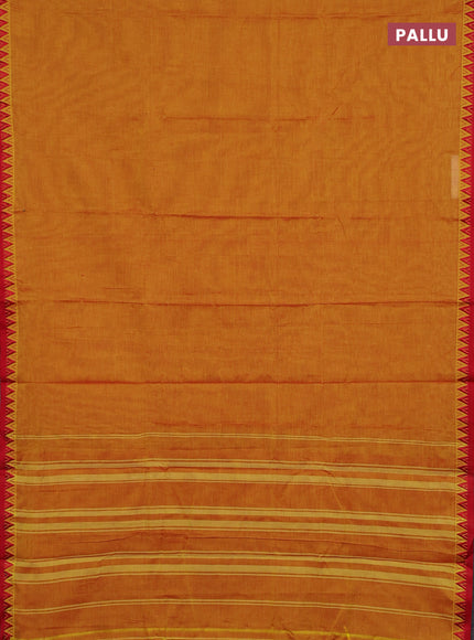 Narayanpet cotton saree mustard yellow and maroon with plain body and temple design thread woven border