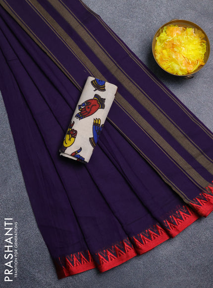Narayanpet cotton saree violet and off white with plain body and temple design thread woven border