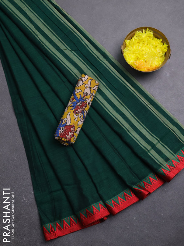 Narayanpet cotton saree bottle green and yellow with plain body and temple design thread woven border
