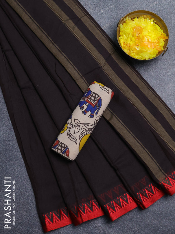 Narayanpet cotton saree coffee brown and beige with plain body and temple design thread woven border