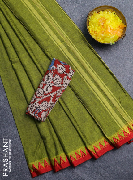 Narayanpet cotton saree light green and maroon with plain body and temple design thread woven border