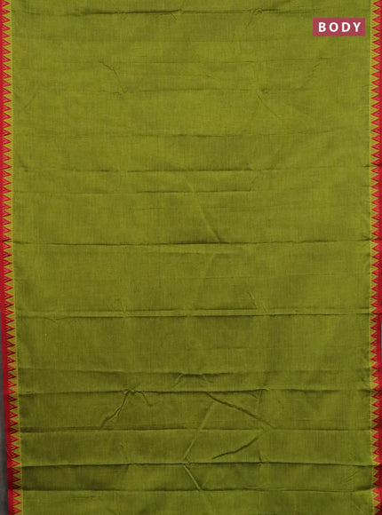Narayanpet cotton saree light green and maroon with plain body and temple design thread woven border