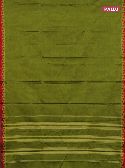Narayanpet cotton saree light green and maroon with plain body and temple design thread woven border