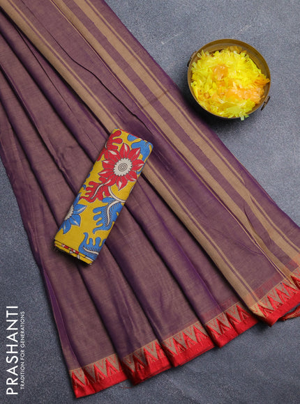 Narayanpet cotton saree dual shade of purplish beige and yellow with plain body and temple design thread woven border