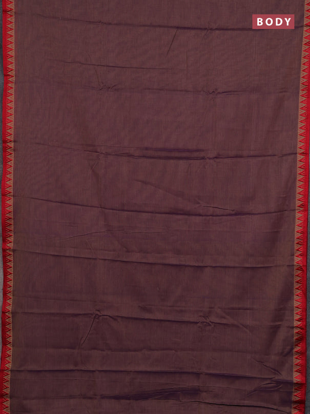 Narayanpet cotton saree dual shade of purplish beige and yellow with plain body and temple design thread woven border
