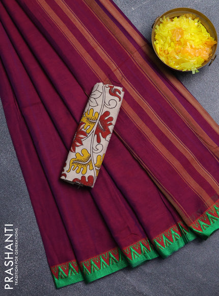 Narayanpet cotton saree magenta pink and beige with plain body and temple design thread woven border