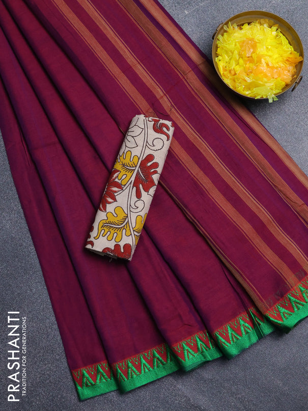 Narayanpet cotton saree magenta pink and beige with plain body and temple design thread woven border