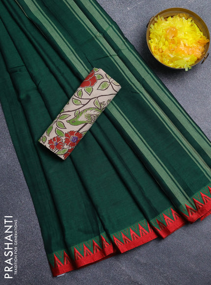Narayanpet cotton saree green and beige with plain body and temple design thread woven border