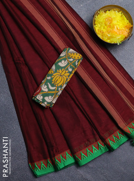 Narayanpet cotton saree deep maroon and green with plain body and temple design thread woven border
