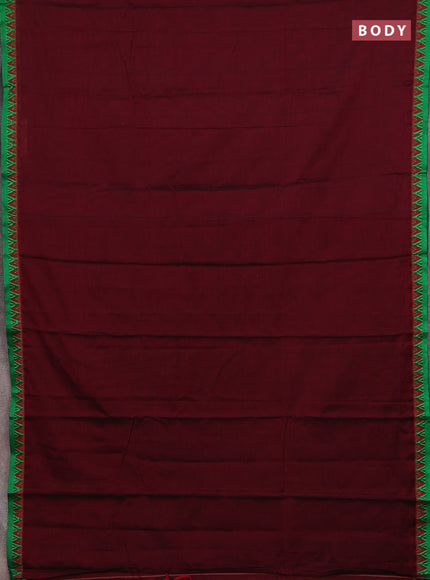Narayanpet cotton saree deep maroon and green with plain body and temple design thread woven border