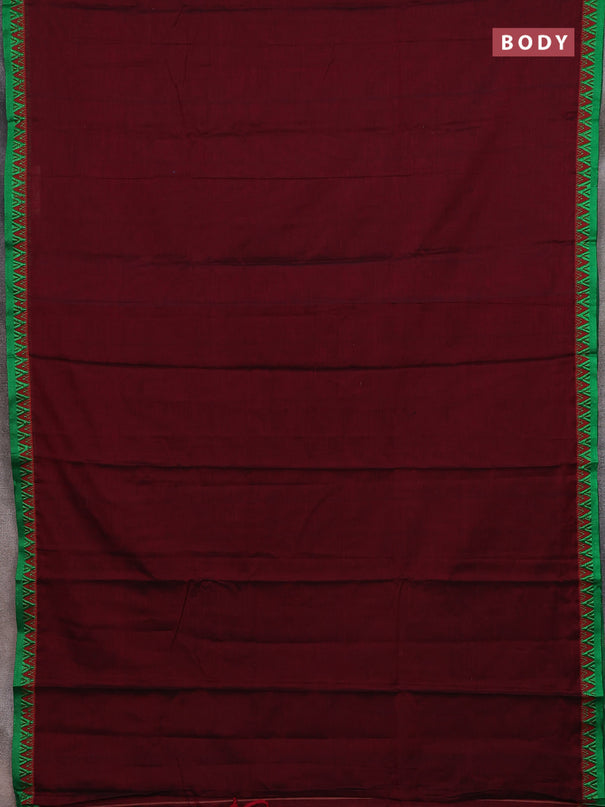 Narayanpet cotton saree deep maroon and green with plain body and temple design thread woven border