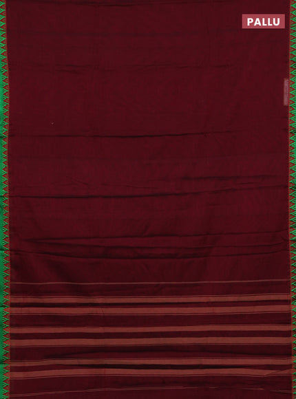 Narayanpet cotton saree deep maroon and green with plain body and temple design thread woven border