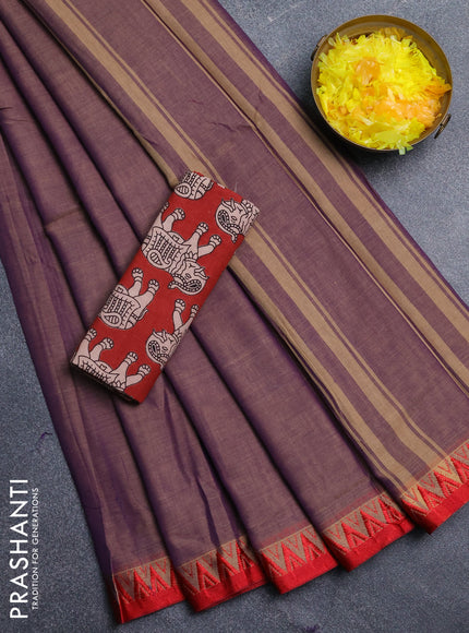 Narayanpet cotton saree dual shade of purplish beige and maroon with plain body and temple design thread woven border