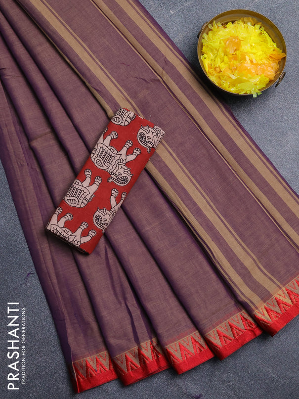 Narayanpet cotton saree dual shade of purplish beige and maroon with plain body and temple design thread woven border