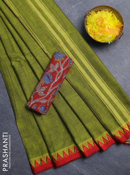 Narayanpet cotton saree light green and maroon with plain body and temple design thread woven border