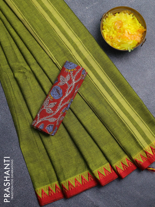 Narayanpet cotton saree light green and maroon with plain body and temple design thread woven border