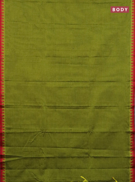 Narayanpet cotton saree light green and maroon with plain body and temple design thread woven border