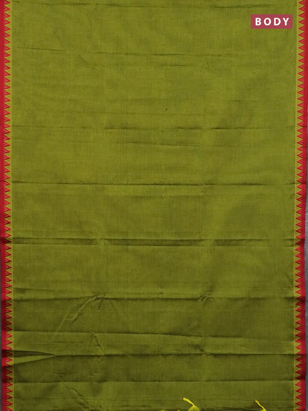 Narayanpet cotton saree light green and maroon with plain body and temple design thread woven border