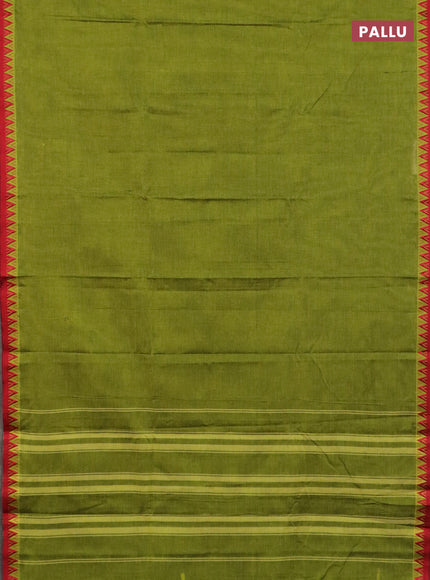 Narayanpet cotton saree light green and maroon with plain body and temple design thread woven border