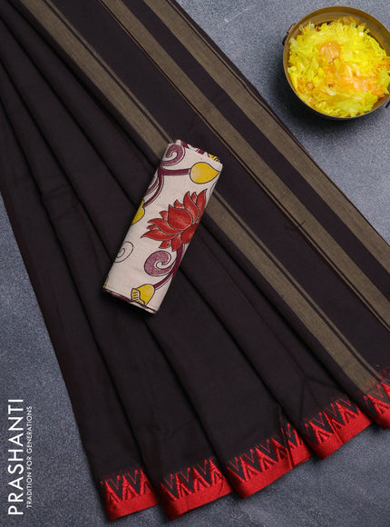 Narayanpet cotton saree coffee brown and beige with plain body and temple design thread woven border