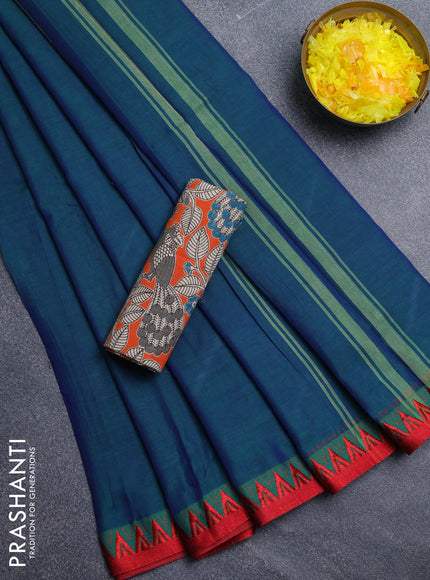 Narayanpet cotton saree dual shade of green and orange with plain body and temple design thread woven border