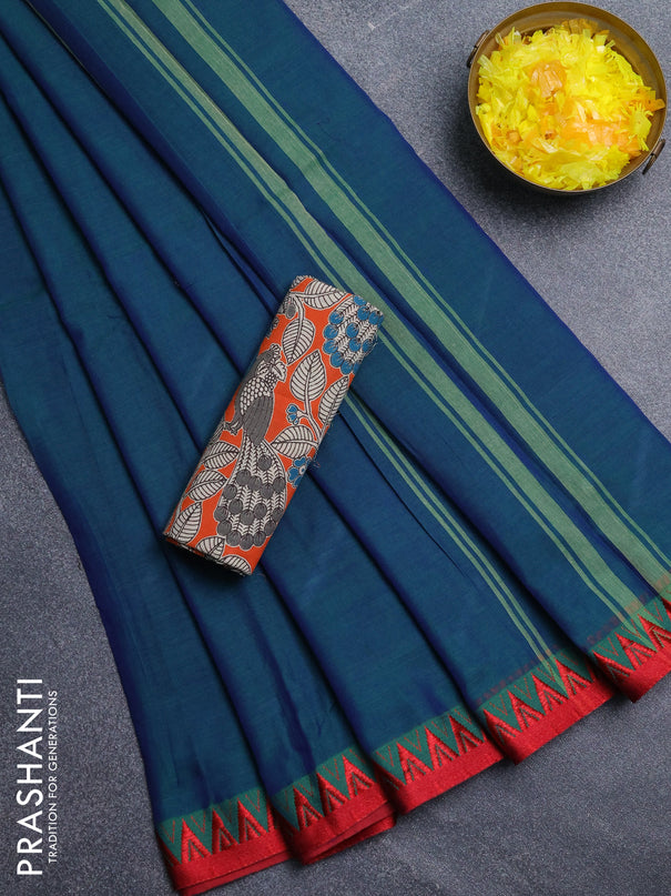 Narayanpet cotton saree dual shade of green and orange with plain body and temple design thread woven border
