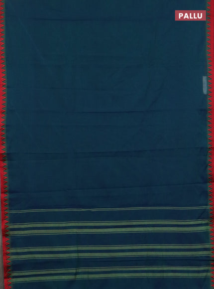 Narayanpet cotton saree dual shade of green and orange with plain body and temple design thread woven border