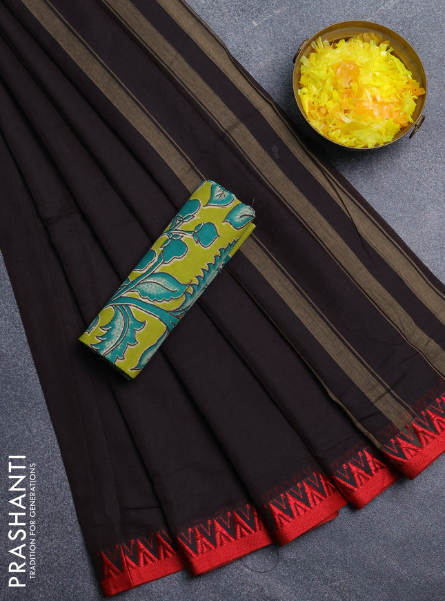 Narayanpet cotton saree coffee brown and light green with plain body and temple design thread woven border