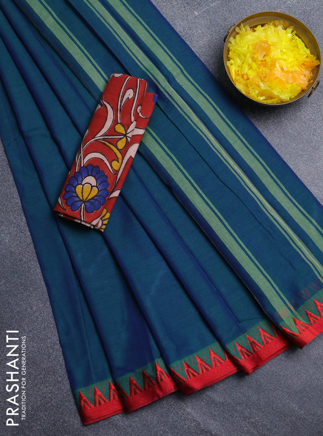 Narayanpet cotton saree dual shade of bluish green and maroon with plain body and temple design thread woven border