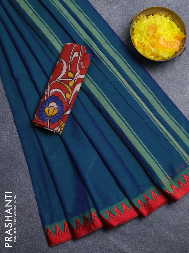 Narayanpet cotton saree dual shade of bluish green and maroon with plain body and temple design thread woven border
