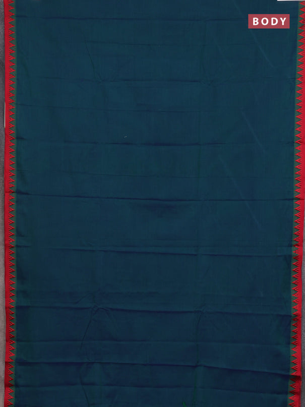 Narayanpet cotton saree dual shade of bluish green and maroon with plain body and temple design thread woven border
